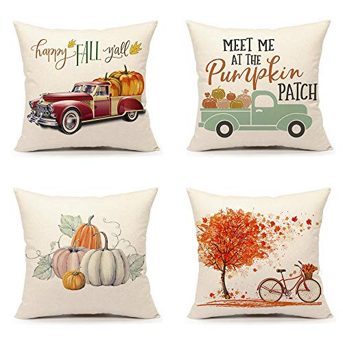 4TH Emotion Fall Throw Pillow Cover Pumpkin Truck Maple Leaves Bicycle Farmhouse Autumn Cushion Case for Sofa Couch 18 x 18 Inches Cotton Linen Set of 4