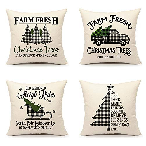 4TH Emotion Farmhouse Christmas Throw Pillow Cover Buffalo Black White Cushion Case for Sofa Couch 18 x 18 Inches Cotton Linen Set of 4