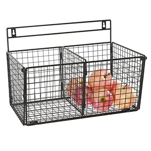 MyGift Wall Mounted Storage Rack, 2 Compartment Wire Organizer Basket, Black