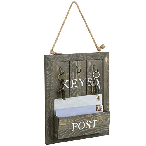 MyGift Vintage Gray Wood Mail & Key Organizer Rack with Hanging Rope