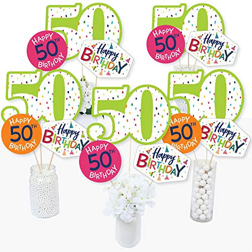 50th Birthday - Cheerful Happy Birthday - Colorful Fiftieth Birthday Party Centerpiece Sticks - Table Toppers - Set of 15