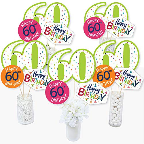 60th Birthday - Cheerful Happy Birthday - Colorful Sixtieth Birthday Party Centerpiece Sticks - Table Toppers - Set of 15