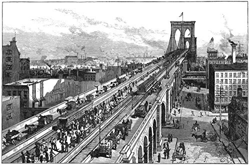 Brooklyn Bridge 1883 Nbridge Traffic On The Five Side By Side Roads - Two For Horse-Drawn Vehicles One For Pedestrians And Two For Trains Line Engraving 1883 Poster Print by (18 x 24)