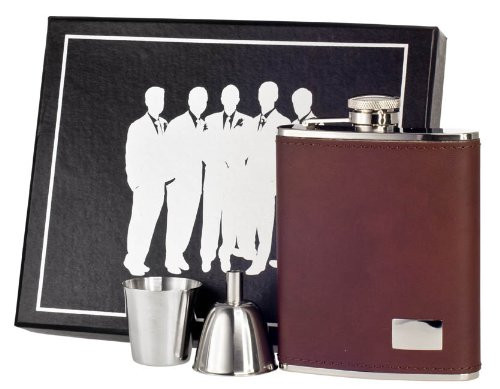 Visol VSET61-1194 Hunter Leather Groomsmen II Flask Gift Set, 6-Ounce, Dark Brown