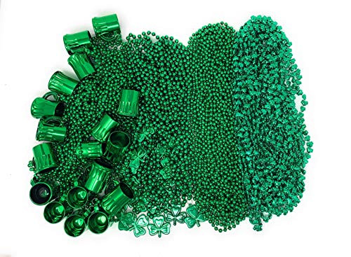 Bulk Pack of 72 St. Patrick's Day Colorful Shamrock Beads Necklace ASSORTMENT, Shamrock and Green Beads 33" Long 7mm Thick, Great for Party Favor Necklaces, Costume Accessory Supplies, By 4Es Novelty