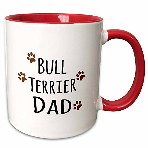3dRose 153876_5 Bull Terrier Dog Dad Breed-Brown Muddy Paw Prints Love-Doggy Lover Ceramic Mug, 11 oz, Red/White