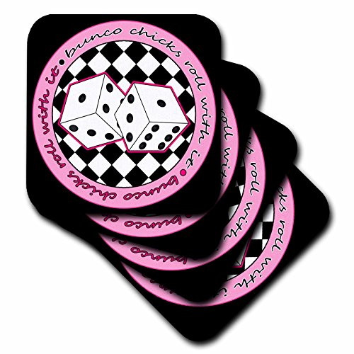 3dRose Janna Salak Designs Bunco Chicks Roll with it Pink and Black Coaster, Soft, Set of 8