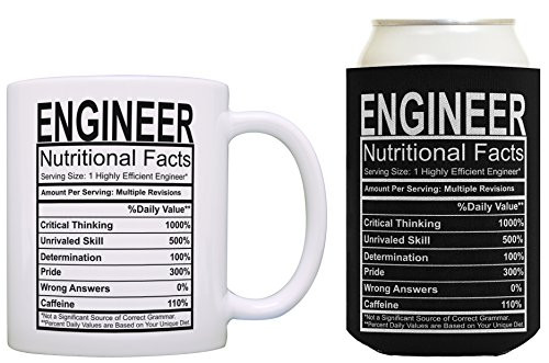 Engineering Gifts Engineer Nutritional Facts Engineer Gag Gifts Electrical Engineer Gifts Coffee Mug & Can Coolie Bundle Black