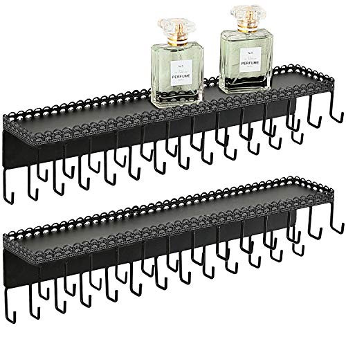 MyGift Set of 2 Black Metal Wall-Mounted Jewelry Hanging Shelf with 26 Necklace Hooks