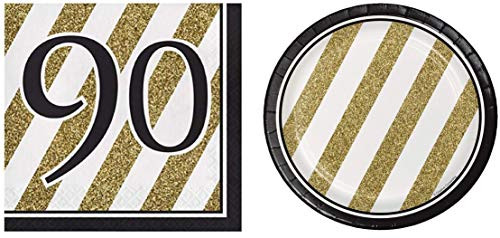 Black and Gold 90th Birthday Party Bundle with Dessert Plates and Lunch Napkins for 16 Guests