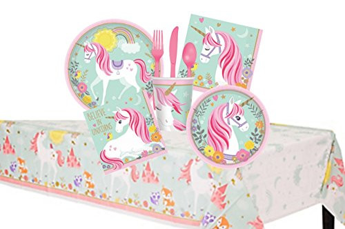 Magical Unicorn Birthday Party Supplies Pack for 16 Guests - Bundle Includes Dinner Plates, Dessert Plates, Lunch Napkins, Beverage Napkins, Cups, Cutlery and a Tablecover