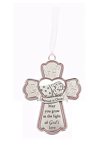 Ganz Baptized in Christ Hanging Cross Crib Ornament (Pink Ribbon)