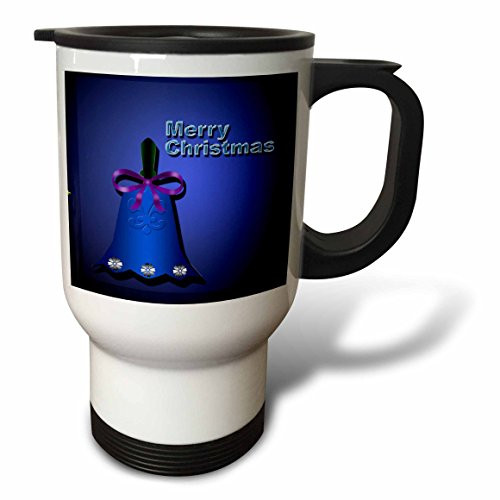 3dRose Blue Christmas Bell, Dark Blue Background Merry Christmas, Stainless Steel Travel Mug, 14-Oz