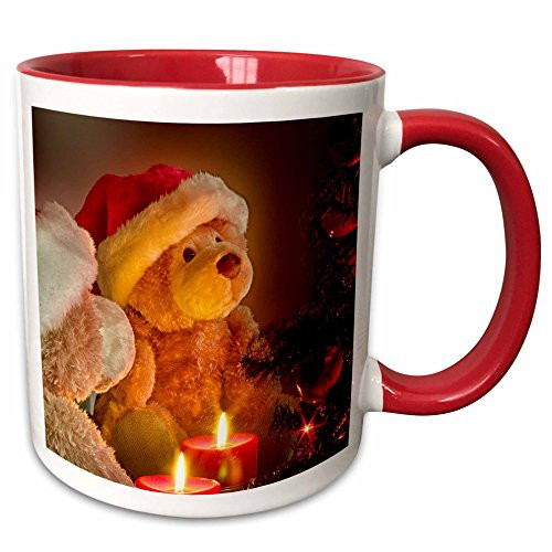 3dRose 164733_5"Christmas Teddy Bears with Holiday Tree and Candles Ceramic Mug, 11 oz, Red/White