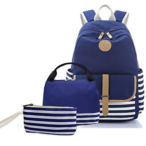 Sqodok Teens Girls Backpack, School Backpack Bookbag Travel Daypack Shoulder Bag Laptop Bag Fashion Rucksack College Bookbag (BlueStriped-3pcs)