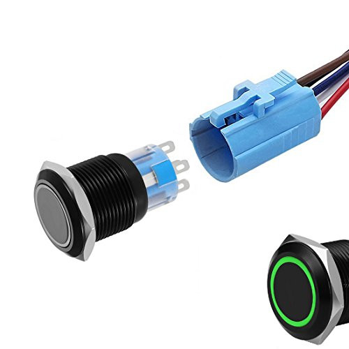 WerFamily Green LED Angel Eye + Power Indicator 19mm Momentary Push Button Switch 1NO 1NC SPDT ON/OFF Waterproof Black Shell Metal Round with Wire Socket Plug