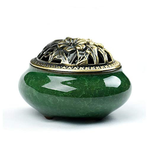 LamDawn Censer Deep Green Incense Burner with Calabash Incense Stick Holder - Porcelain Charcoal Censer for Use with Resin Granular Powder Cone or Coil Incense (Deep Green)