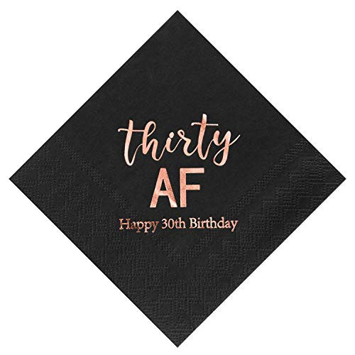Crisky 30th Birthday Napkins Black Rose Gold for Women Thirty AF 30th Birthday Cocktail Napkins Beverage Napkins 30th Birthday Party Dessert Cake Table Decorations, 50 Count, 3-Ply