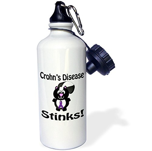 3dRose wb_115447_1"Crohns Disease Purple Stinks Skunk Awareness Ribbon Cause Design" Sports Water Bottle, 21 oz, White