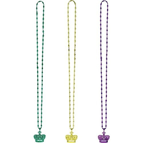 Mardi Gras Bead Party Necklaces with Crown Pendant, 30", 3 Ct.