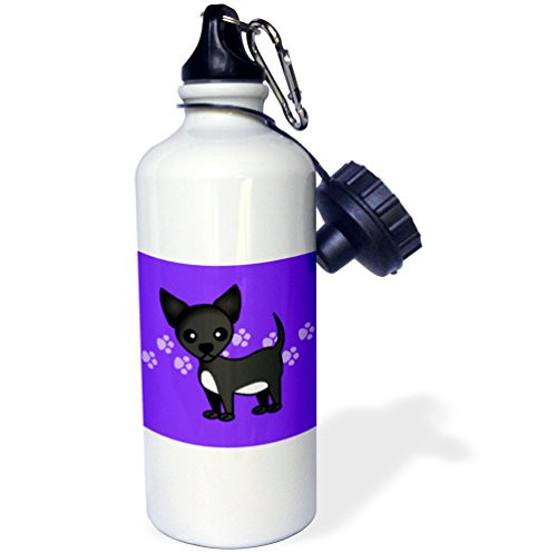 3dRose wb_12079_1 Cute Black Chihuahua Blue Paw print Background - Sports Water Bottle, 21 oz, White