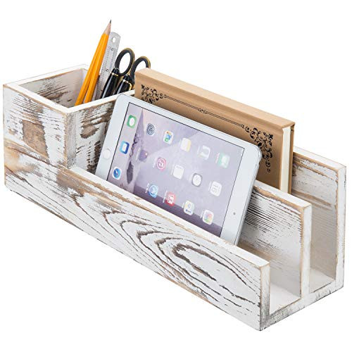 MyGift Shabby Whitewashed Wood Desktop Letter Sorter/Pen Caddy