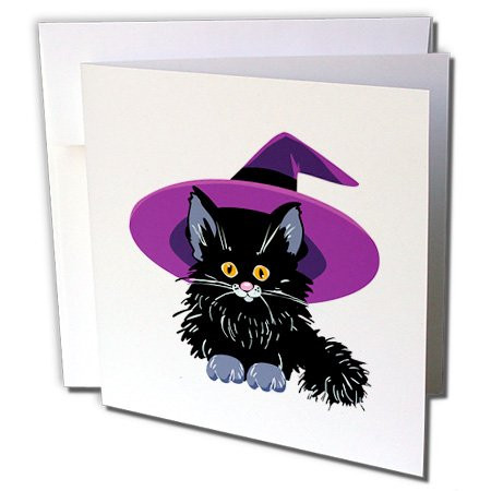 3dRose Adorable Baby Black Kitten with Purple Witch Hat Greeting Cards, 6" x 6", Set of 6 (gc_153701_1)