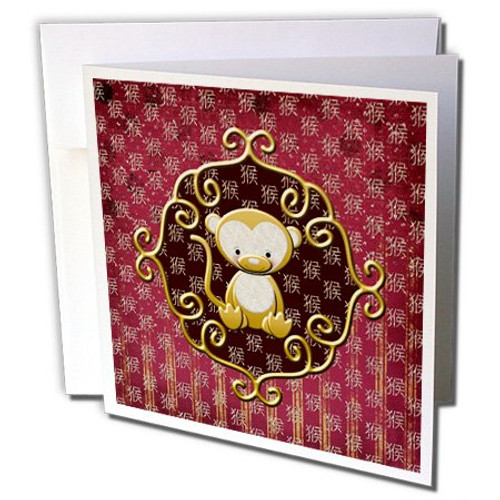 3dRose Cute Chinese Monkey Sitting in Gold Frame, Red Greeting Cards, 6" x 6", Set of 6 (gc_212746_1)