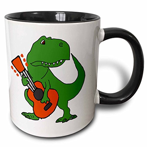 3dRose 270083_4 Cute Funny Green T-rex Dinosaur Playing Guitar cartoon Ceramic Mug, 11 oz, Black/White