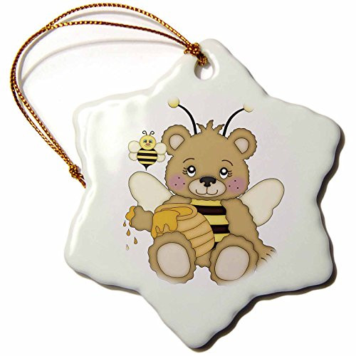 3dRose ORN_210824_1 Cute Honey Bear with Honey & a Honey Bee Illustration Snowflake Porcelain Ornament, 3"