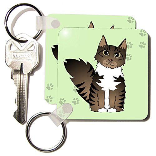 3dRose Cute Maine Coon Cartoon Cat, Brown Tabby with White, Green with Paw Print Key Chains, Set of 2 (kc_35526_1)