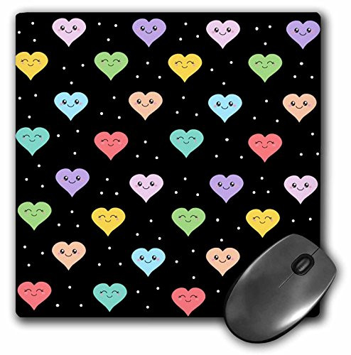 3Drose LLC 8 X 8 X 0.25 Inches Mouse Pad, Cute Rainbow Smiley Hearts on Black, Colorful Kawaii Smiling Love Heart Pattern, Girly Multicolor (Mp_113049_1)