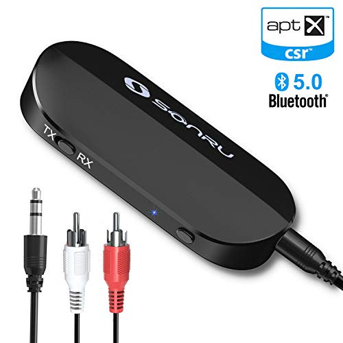 Bluetooth 5.0 Transmitter Receiver, SONRU 2-in-1 Wireless 3.5mm Aux Bluetooth Audio Adapter, AptX Low Latency Bluetooth Transmitter for TV PC Home Sound System Headphone,Dual Connection