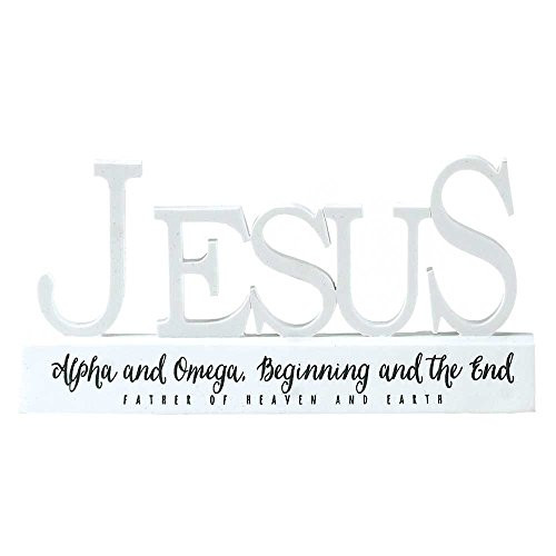 Dicksons Jesus Alpha Omega Word on Pedestal White 3.5 x 6.5 Resin Stone Table Top Sign Plaque