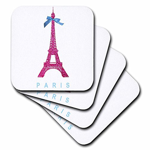 3dRose Hot Pink Eiffel Tower from Paris with girly blue ribbon bow - White stylish Parisian France souvenir - Soft Coasters, set of 4 (cst_112907_1)
