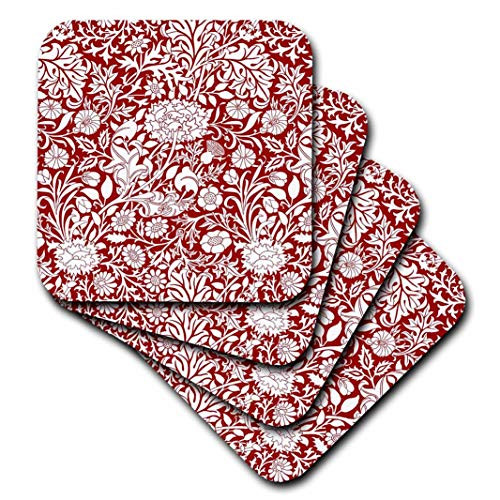 3dRose William Morris Cherwell Chintz Pattern in wine red and white - Soft Coasters, set of 4 (cst_219033_1)