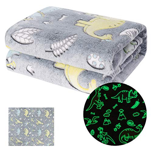 MeMoreCool Dinosaur Throw Blanket Glow in The Dark - Soft Glowing Blanket for Boys and Girls, Fluffy Plush Dino Blankets for Jurassic Fans, Birthday Gift, 50x60 Inches, Grey