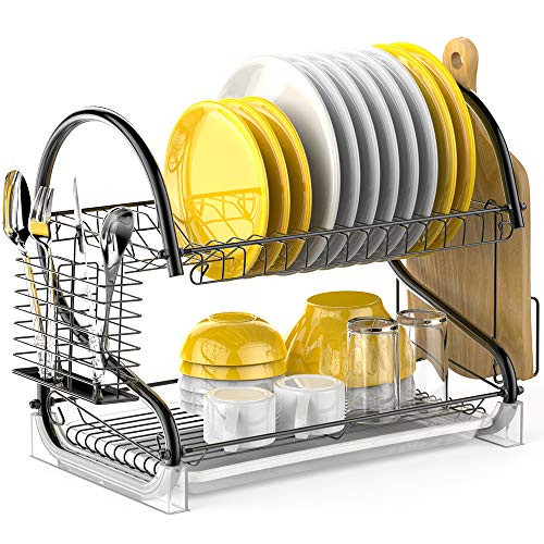 Dish Drying Rack, iSPECLE 2 Tier Dish Rack with Utensil Holder, Cutting Board Holder and Dish Drainer for Kitchen Counter Top, Plated Chrome Dish Dryer Black Dish Drying Rack, iSPECLE 2 Tier Dish Rack with Utensil Holder, Cutting Board Holder and Dish Drainer for Kitchen Counter Top, Plated Chrome Dish Dryer Black