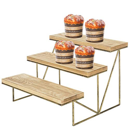 MyGift 3-Tier Wood & Brass Cupcake Dessert Display Riser