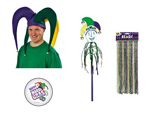 Mardi Gras Jester Costume: Giant Jester Hat with Bells, Jester Jingle Wand, 24 Metallic Bead Necklaces and an Exclusive ElevenPlus2 Mardi Gras Button