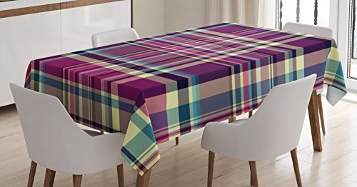 Ambesonne Checkered Tablecloth, Vintage Scotland Pattern in Purple Tones Abstract Retro Traditional Tile, Dining Room Kitchen Rectangular Table Cover, 60" X 84", Purple Cream