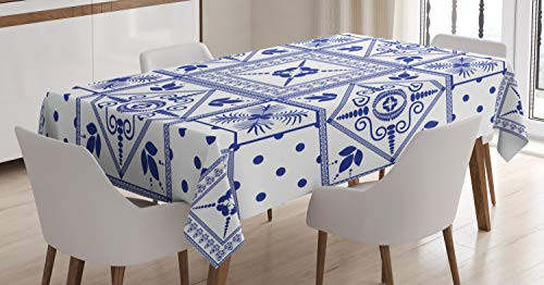 Ambesonne Navy Blue Tablecloth, Moroccan Oriental Ceramic Patterns with Dots and Flowers Artprint, Dining Room Kitchen Rectangular Table Cover, 60" X 84", Navy Blue