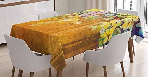 Ambesonne Watercolor Flower Tablecloth, Soft Colored Spring Flowers and Leaves on Misty Retro Backdrop Nature Art, Dining Room Kitchen Rectangular Table Cover, 52" X 70", Orange Green