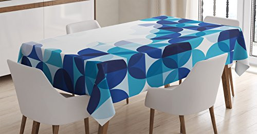 Ambesonne Abstract Tablecloth, Modern Geometrical Circled Pattern with White Background Artwork, Dining Room Kitchen Rectangular Table Cover, 52" X 70", Blue White