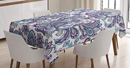 Ambesonne Paisley Tablecloth, Blue and Purple Flowers Leaves Floral Pattern Bohemian Style Country Print, Dining Room Kitchen Rectangular Table Cover, 60" X 84", White Purple Blue