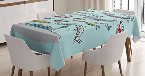 Ambesonne Airplane Decor Tablecloth, Planes Fying in Air Aviation Love Airport Helicopters and Jets Cartoon, Dining Room Kitchen Rectangular Table Cover, 60" X 90", Teal