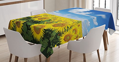 Ambesonne Sunflower Tablecloth, Fresh Sunflowers Field Under Clear Sky Clouds Countryside Farm Picture, Rectangular Table Cover for Dining Room Kitchen Decor, 60" X 90", Blue Green Yellow