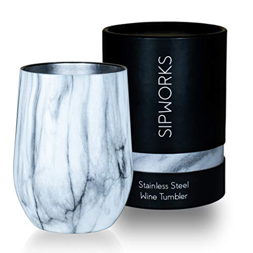 Sipworks Stainless Steel Wine Tumbler: Double-Wall Vacuum Insulated Stemless Wine Glass with Lid, 12-Ounce White Marble