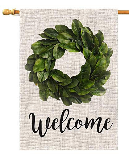 BLKWHT Welcome Magnolia Leaves Wreath House Flag Vertical Double Sided 28 x 40 Inch Farmhouse Summer Yard Outdoor Decor