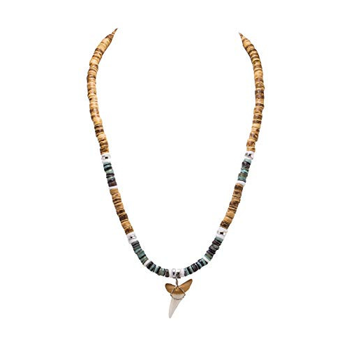 BlueRica Mako Shark Tooth Pendant on Tiger Coconut Wood Beads Necklace with Green Heishi and Puka Shells
